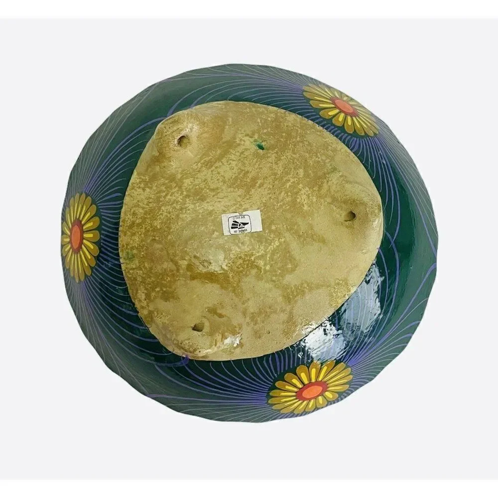 Talavera Hand Painted Peacock Footed Bowl Bright Colors Mexico Handmade Flowers